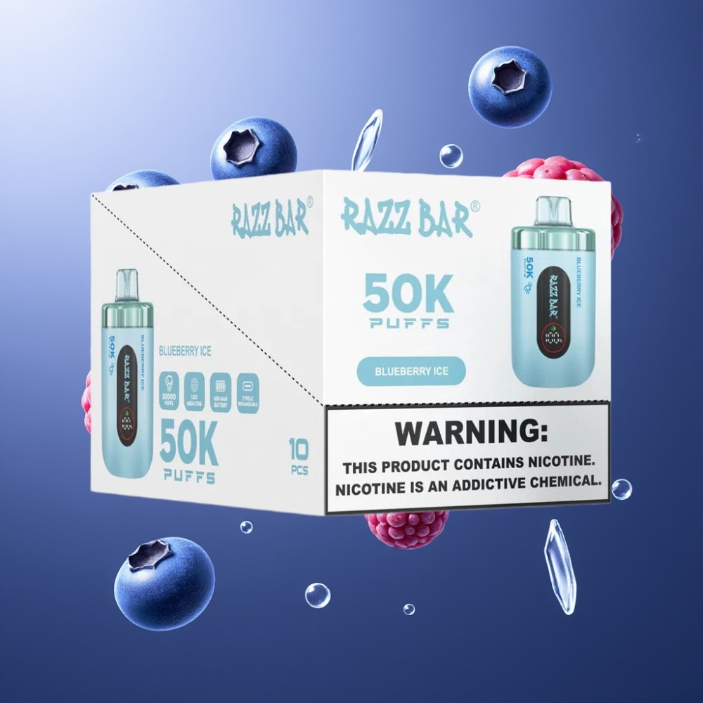 Razz Bar 50K Puffs Norge Engros Vape til Engangsbruk Blåbær-Iskrem 50000 Puffs, 1.0 Ohm Mesh Coil, Type-C Lading