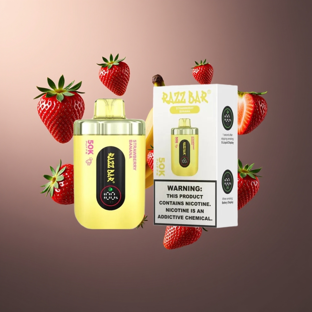Razz Bar 50K Puffs Norge Engros Vape til Engangsbruk Jordbær Banan med 1.0 Ohm Mesh Coil og Type-C Lading
