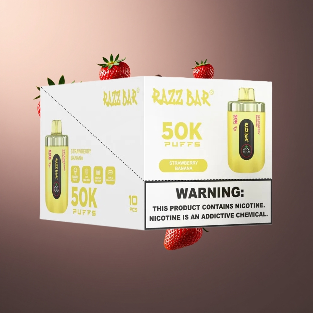 Razz Bar 50K Puffs Norge Engros Vape til Engangsbruk Jordbær Banan med 1.0 Ohm Mesh Coil og Type-C Lading
