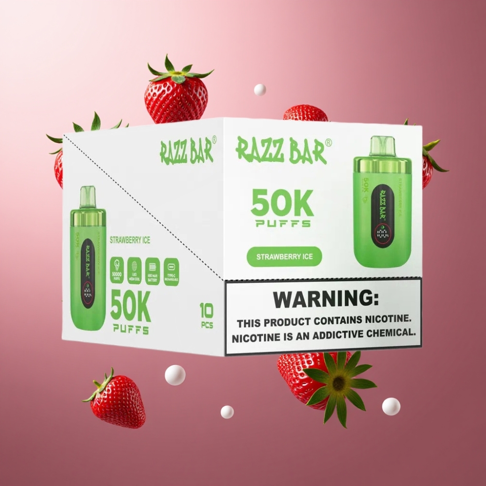Razz Bar 50K Puffs Norge Engros Vape til Engangsbruk Jordbær Is med 650 Mah Batteri & Type-C Lading