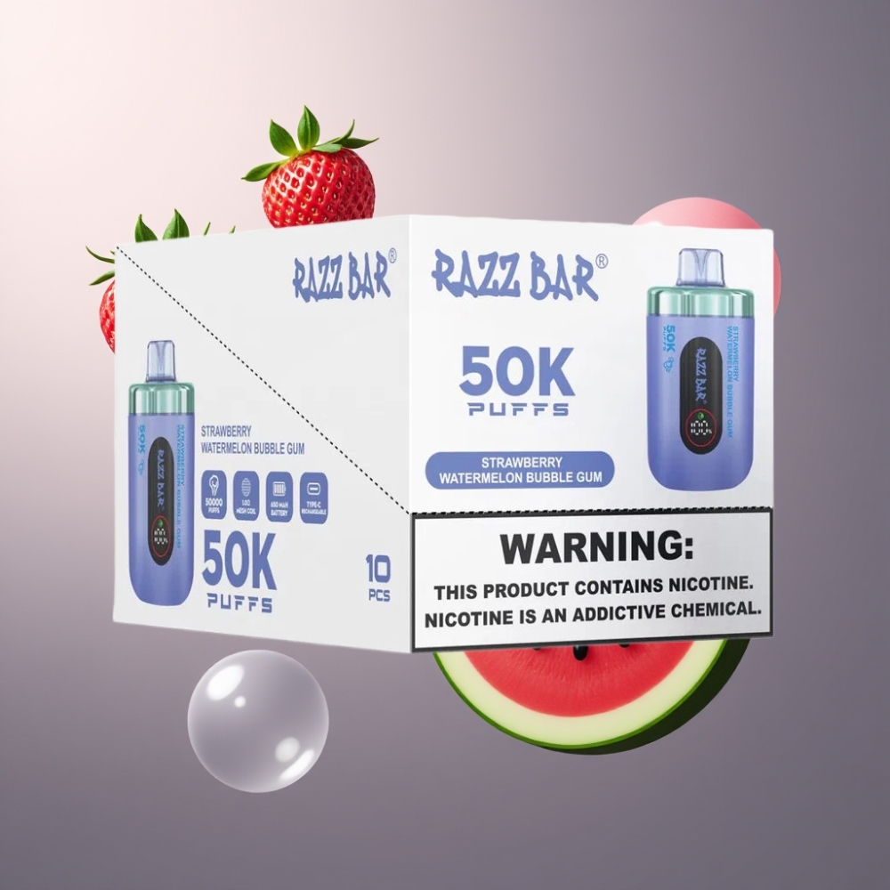 Razz Bar 50K Puffs Norge Engros Vape til Engangsbruk Jordbær Vannmelon Tyggegummi 50000 Puffs 1.0 Ohm Mesh Coil Type-C Ladbar