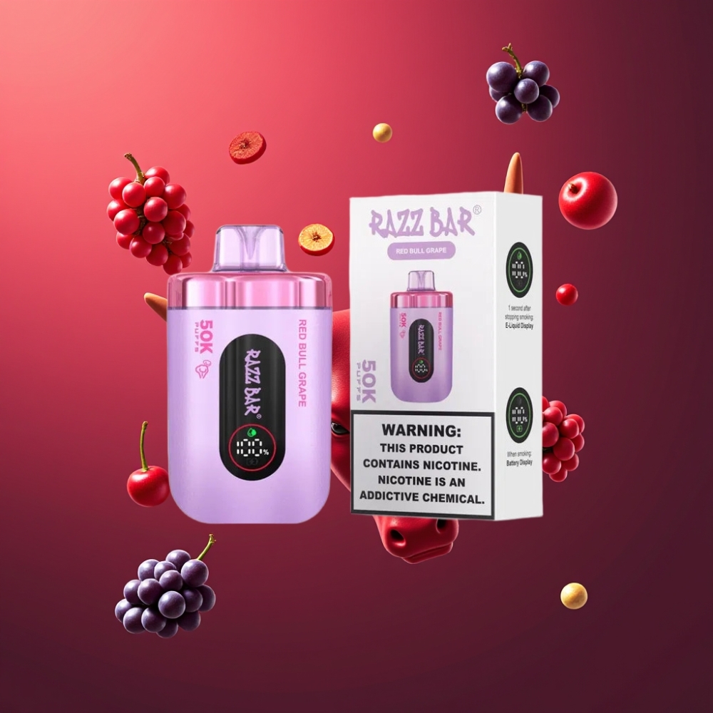 Razz Bar 50K Puffs Norge Engros Vape til Engangsbruk Red Bull Drue med 50000 Puffs, 1.0 Ohm Mesh Coil og Type-C Lading, 2% Nikotin