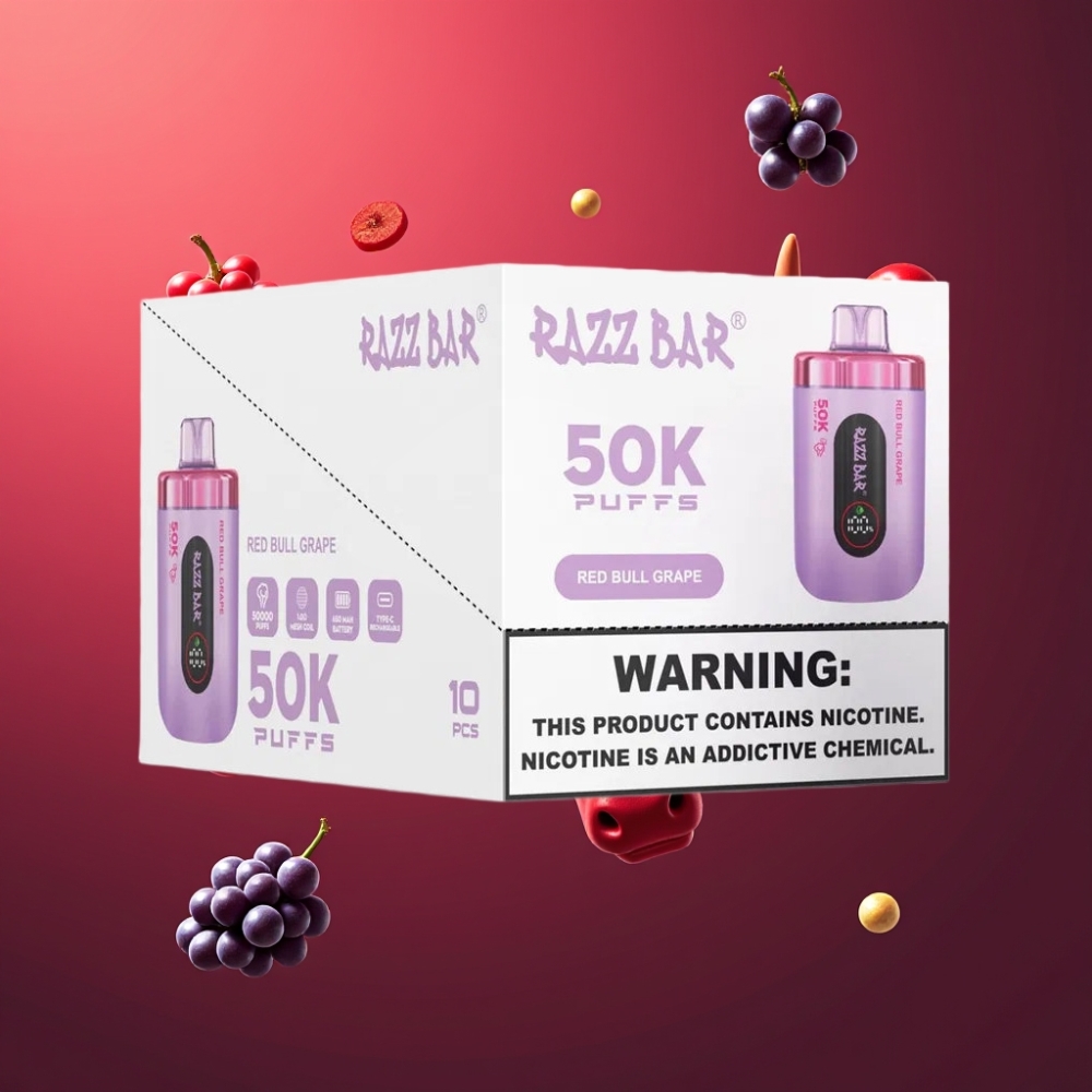 Razz Bar 50K Puffs Norge Engros Vape til Engangsbruk Red Bull Drue med 50000 Puffs, 1.0 Ohm Mesh Coil og Type-C Lading, 2% Nikotin