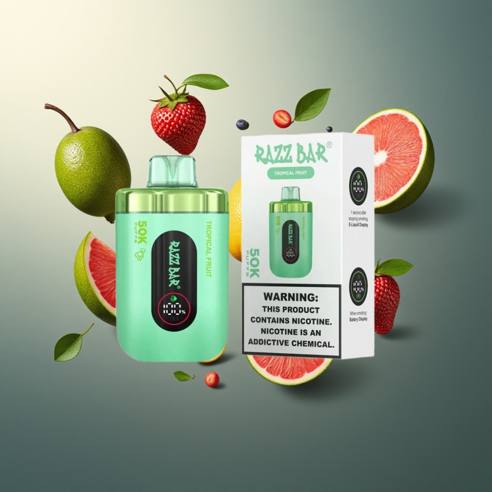 Razz Bar 50K Puffs Norge Engros Vape til Engangsbruk Tropisk Frukt – 50000 Puffs, 650 Mah, Type-C Lading, 2% Nikotin