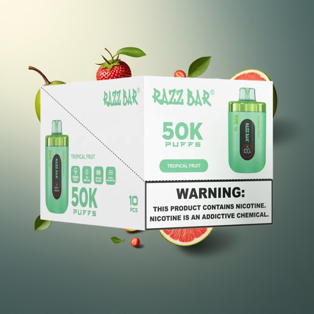 Razz Bar 50K Puffs Norge Engros Vape til Engangsbruk Tropisk Frukt – 50000 Puffs, 650 Mah, Type-C Lading, 2% Nikotin