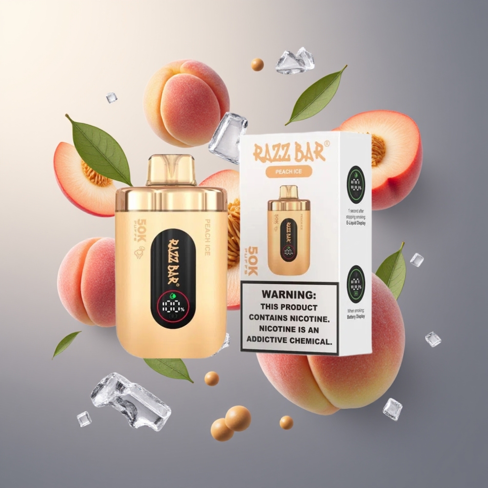 Razz Bar 50K Puffs Norge engros Vape til Engangsbruk Fersken Is med 50000 Puffs, 1.0 Ohm Mesh Coil, Type-C Oppladbar