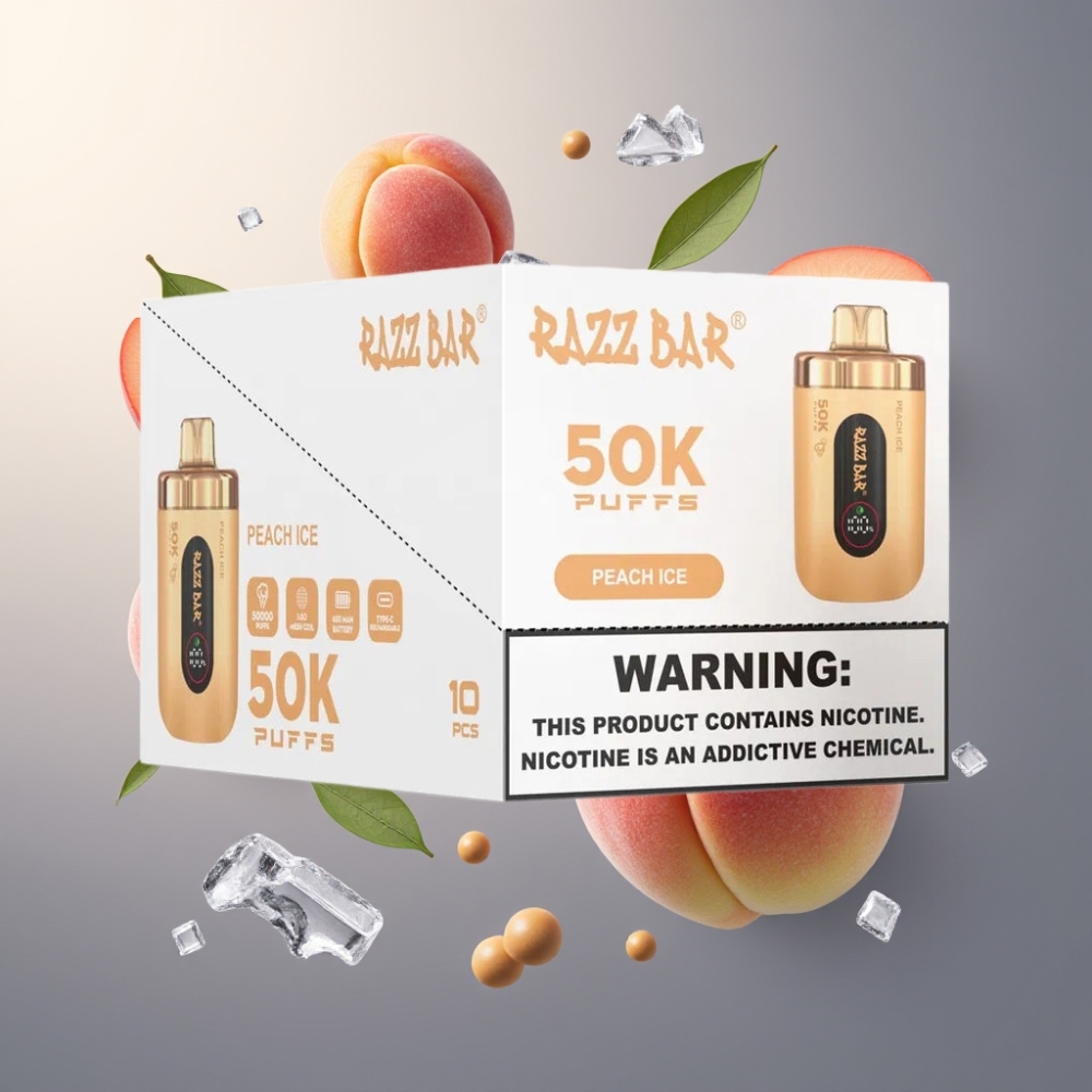Razz Bar 50K Puffs Norge engros Vape til Engangsbruk Fersken Is med 50000 Puffs, 1.0 Ohm Mesh Coil, Type-C Oppladbar
