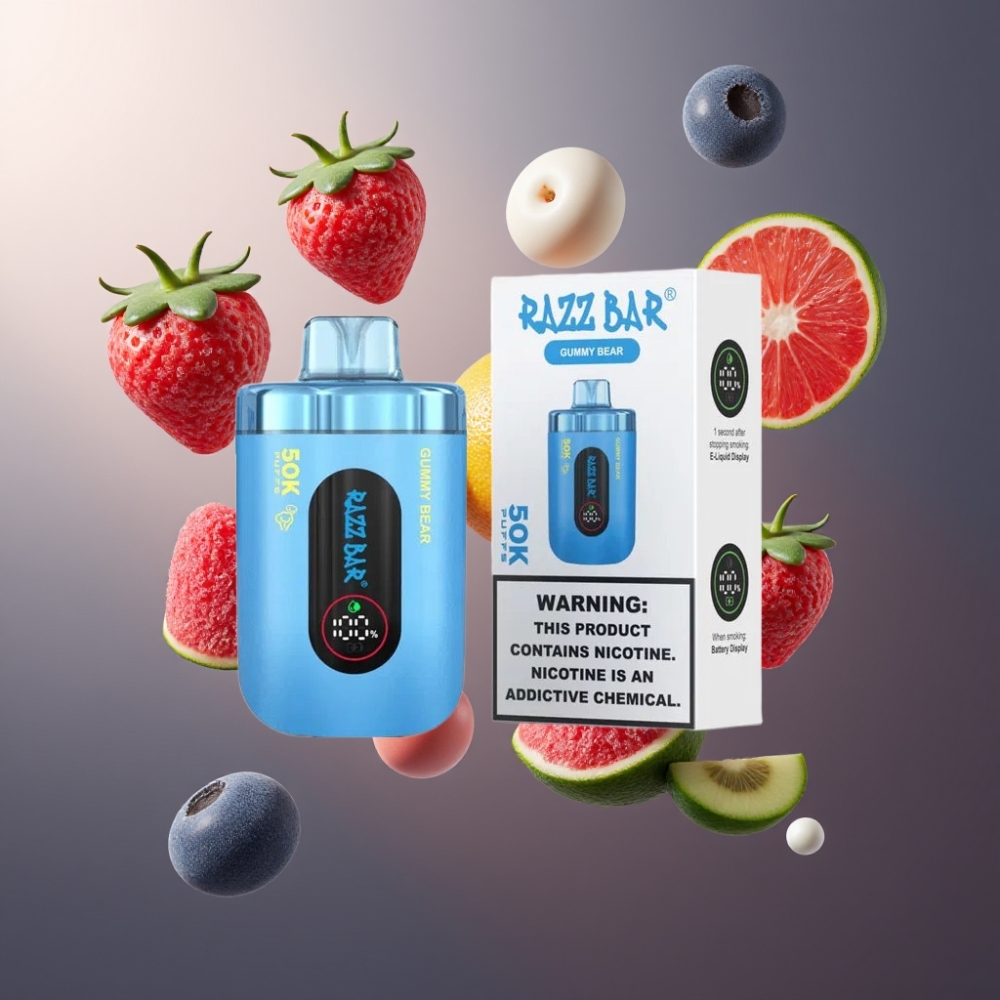 Razz Bar 50K Puffs Vape til Engangsbruk Gummy Bjørn Norge Engros – 50000 Puffs, 1.0 Ohm Mesh Coil, Type-C Lading