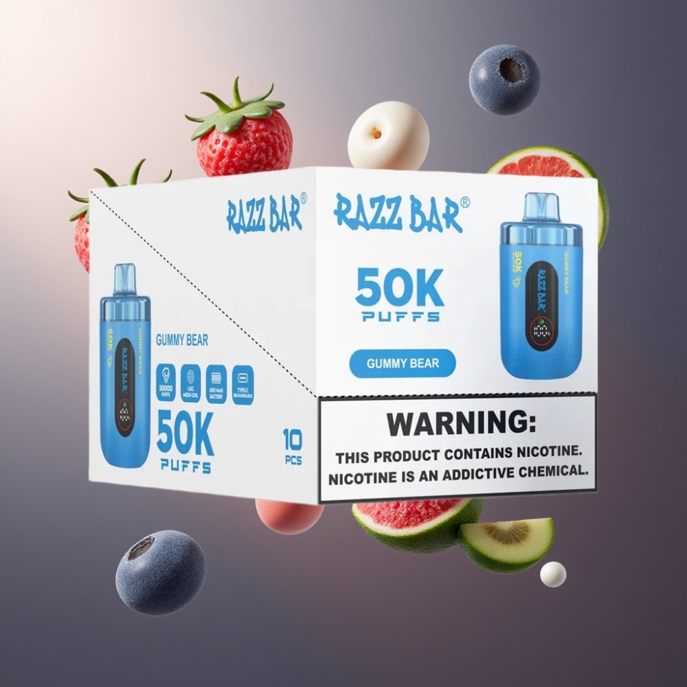 Razz Bar 50K Puffs Vape til Engangsbruk Gummy Bjørn Norge Engros – 50000 Puffs, 1.0 Ohm Mesh Coil, Type-C Lading