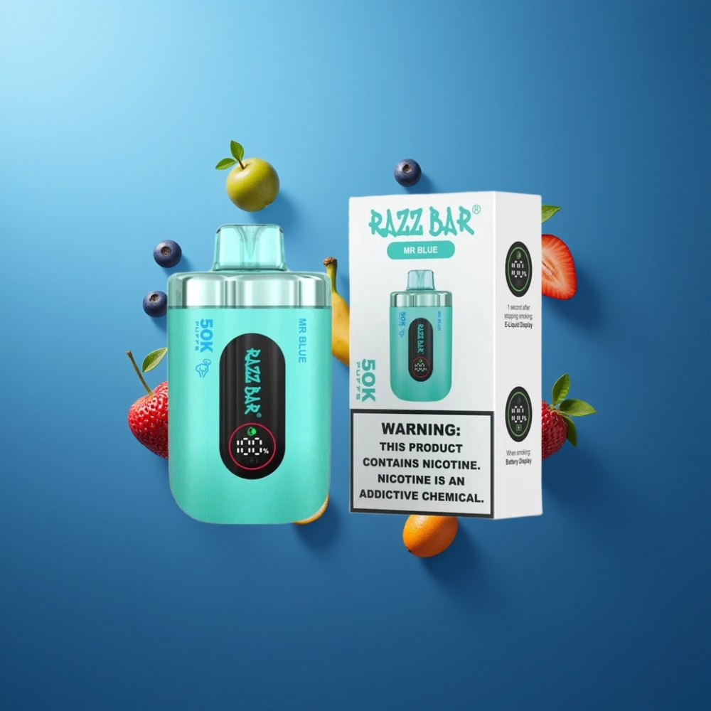 Razz Bar 50K Puffs Vape til Engangsbruk Norge Engros – Blå med 50000 Puffs, 1.0 Ohm Mesh Coil, Type-C Lading
