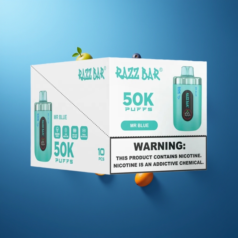 Razz Bar 50K Puffs Vape til Engangsbruk Norge Engros – Blå med 50000 Puffs, 1.0 Ohm Mesh Coil, Type-C Lading
