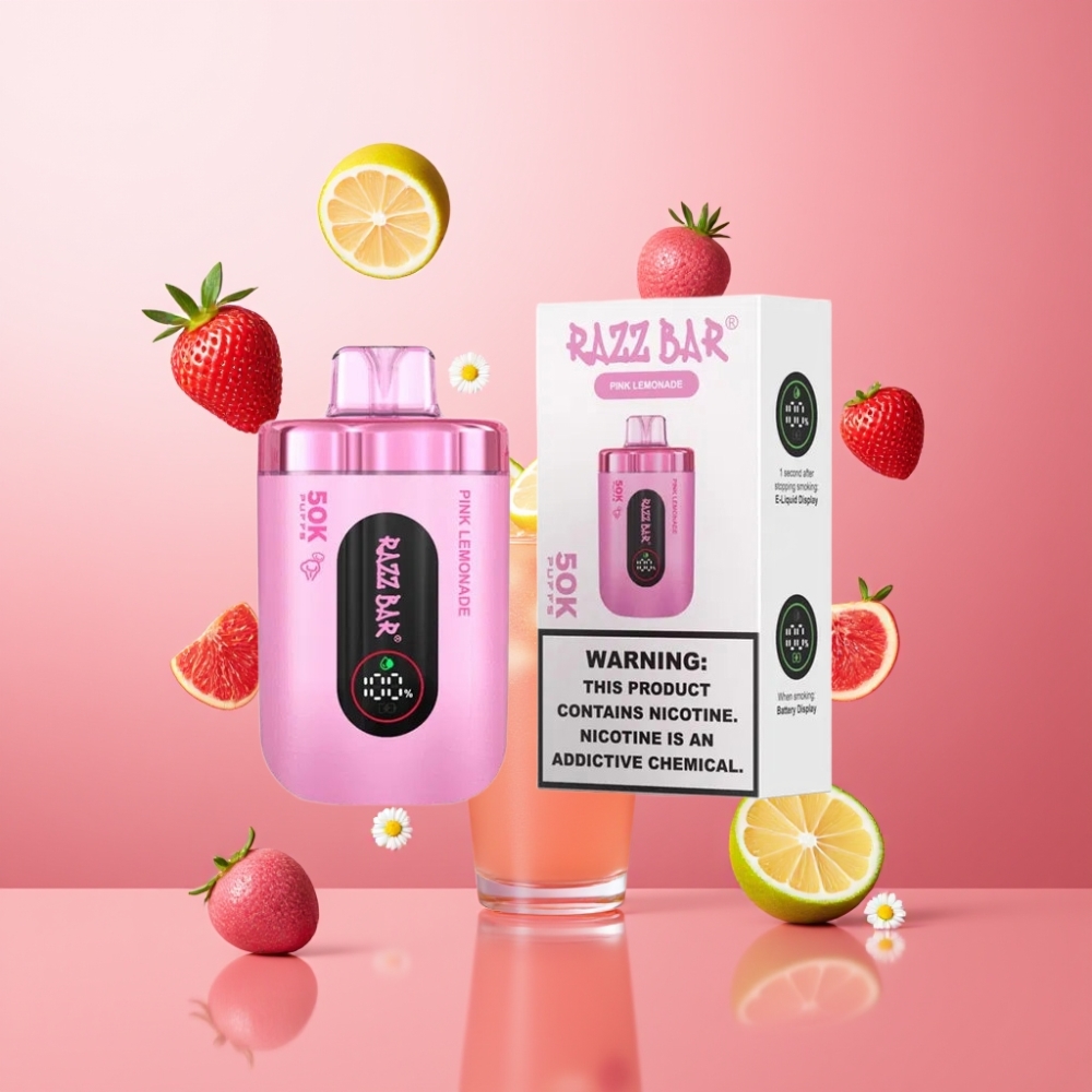 Razz Bar 50K Puffs Vape til Engangsbruk Pink Lemonade Norge Engros – 50000 Puffs, 1.0 Ohm Mesh Coil, Type-C Lading