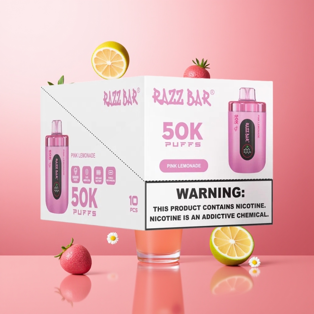 Razz Bar 50K Puffs Vape til Engangsbruk Pink Lemonade Norge Engros – 50000 Puffs, 1.0 Ohm Mesh Coil, Type-C Lading