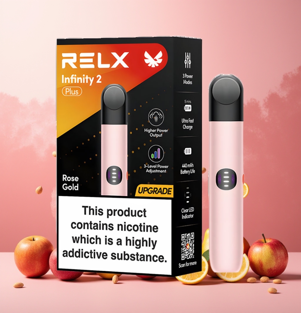 RELX Infinity 2 Plus Norge Engros Enhet med 3 justerbare moduser, 440mAh batteri, Type-C lading og 1.9ml kapasitet i rosa gull
