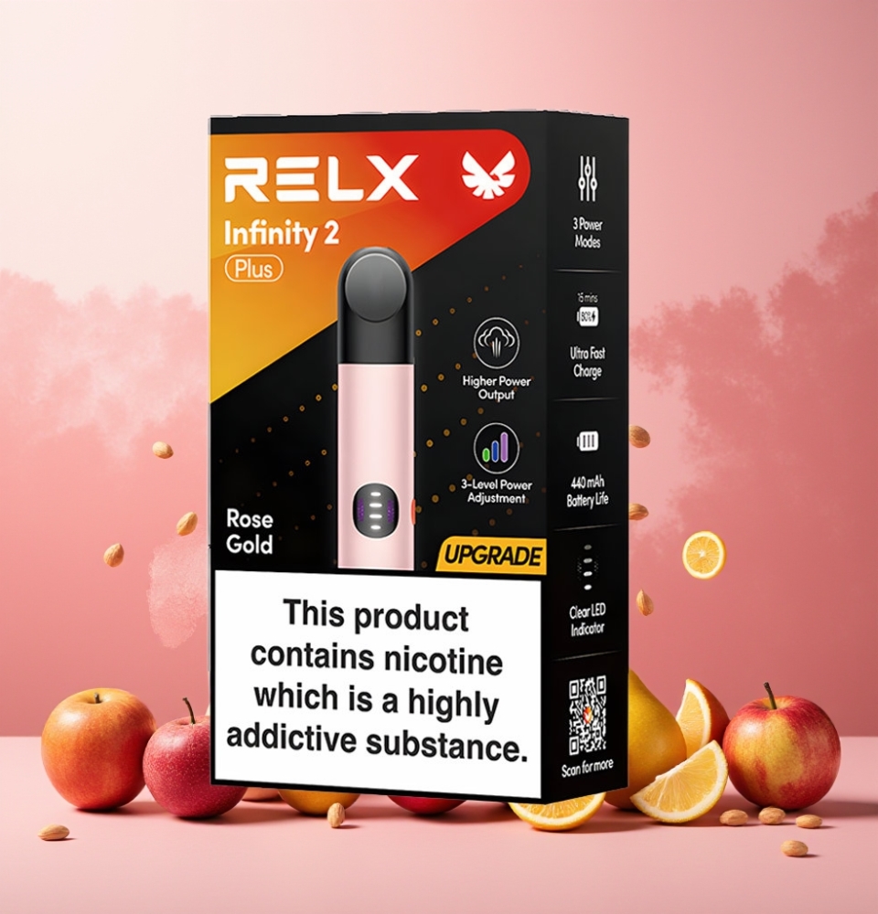 RELX Infinity 2 Plus Norge Engros Enhet med 3 justerbare moduser, 440mAh batteri, Type-C lading og 1.9ml kapasitet i rosa gull