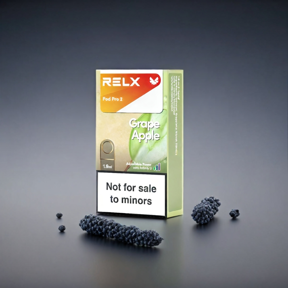 RELX Pod Pro 2 Norge Engros – 600 puffs, 1.9ml, 3%/5% nikotin, 2/3 pakker, 3 spenningsmoduser (Eco, Smooth, Boost) – Grape Eple