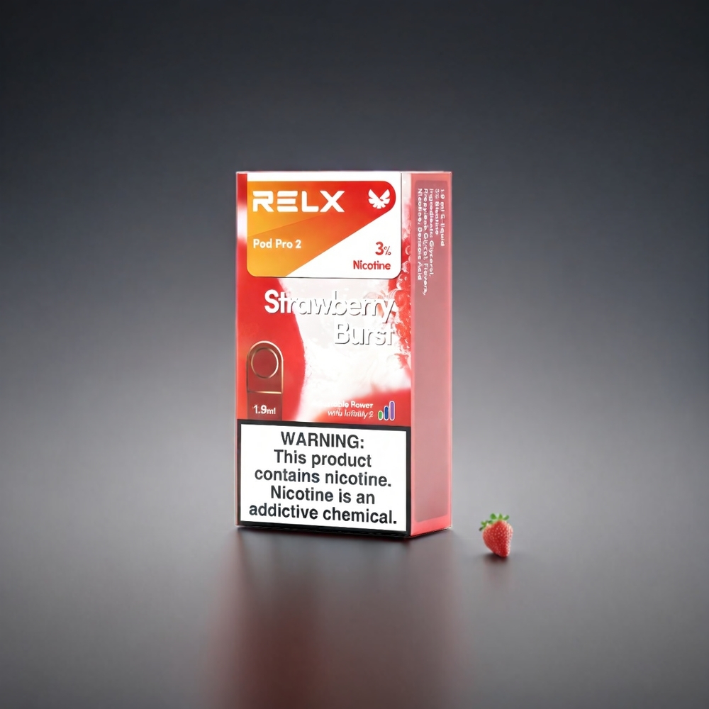 RELX Pod Pro 2 Norge Engros Vape Jordbær Smell (3%/5% Nikotin, 600 Puff, 1.9ml, 2/3 Pods/Pakke, 3 Spenningsjusteringer)