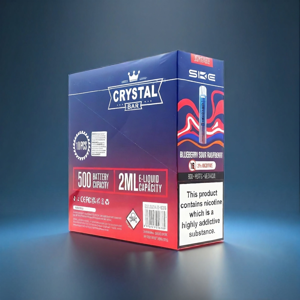 SKE Crystal BAR 600 Norge Engros Vape Blå Sur Bringebær – 0%/2% Nikotin, 500mAh, 600 Puff, Mesh Coil