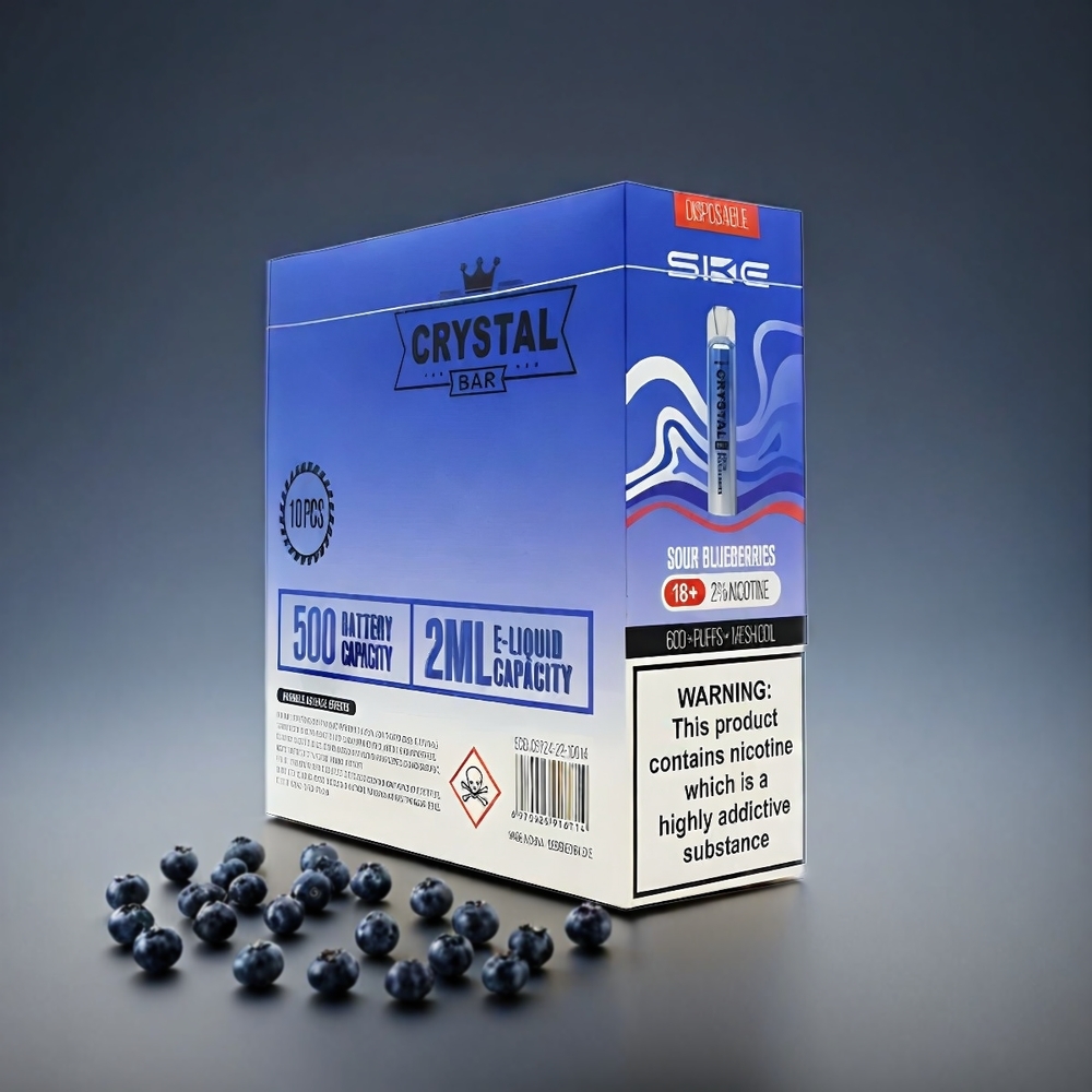 SKE Crystal BAR 600 Norge Engros Vape Sure Blåbær – 0%/2% Nikotin, 600 Puff, 500mAh Batteri, 2.0ml Kapasitet