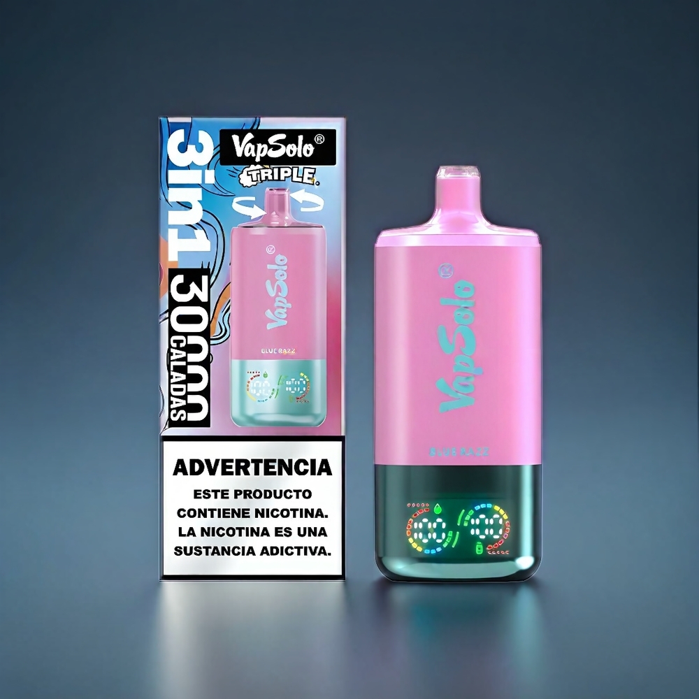 VapSolo Tripe 30000 Puffs Norge Engros – Blå Bringebærsmak – 40ml E-Væske, 3 Tanker, Type-C Lading