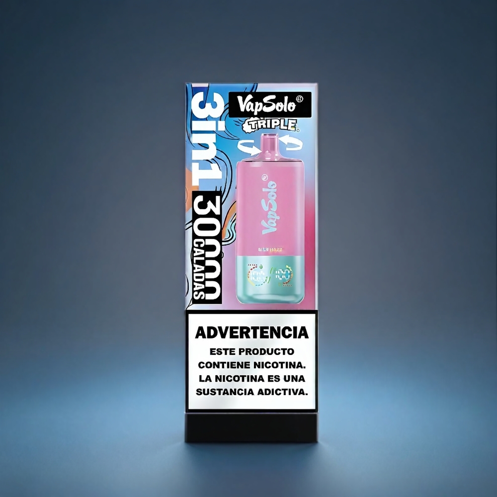 VapSolo Tripe 30000 Puffs Norge Engros – Blå Bringebærsmak – 40ml E-Væske, 3 Tanker, Type-C Lading