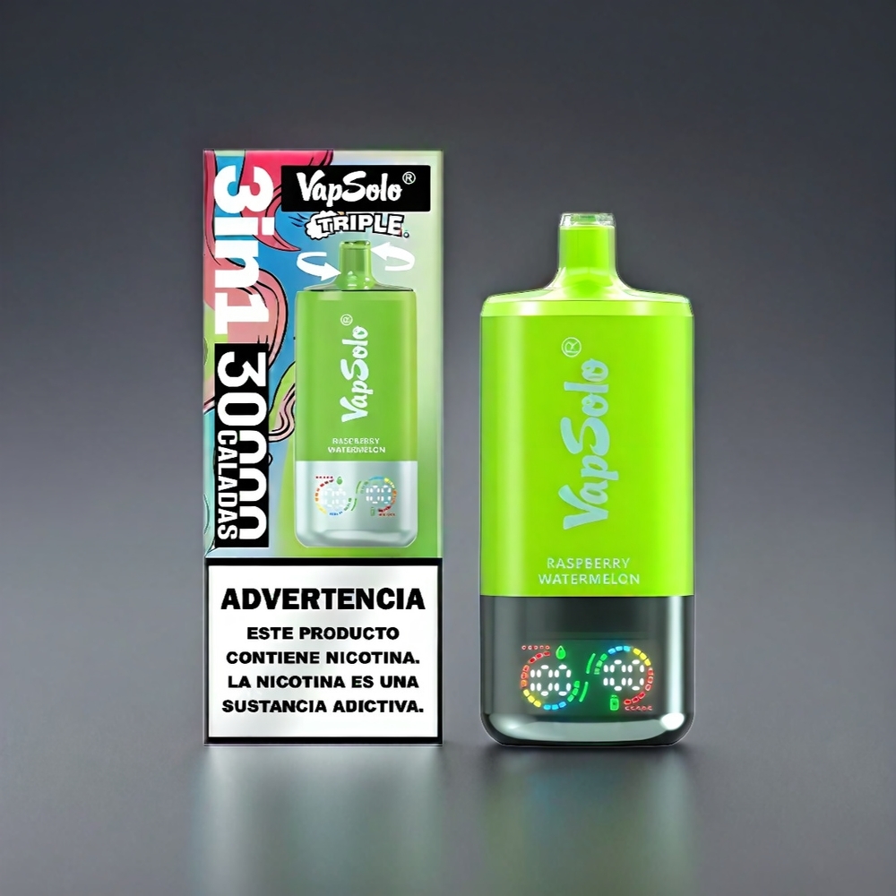 VapSolo Tripe 30000 Puffs Norge Engros - Bringebær og Vannmelon – 40ml E-Liquid – Type-C Lading – 3 Oljetanker