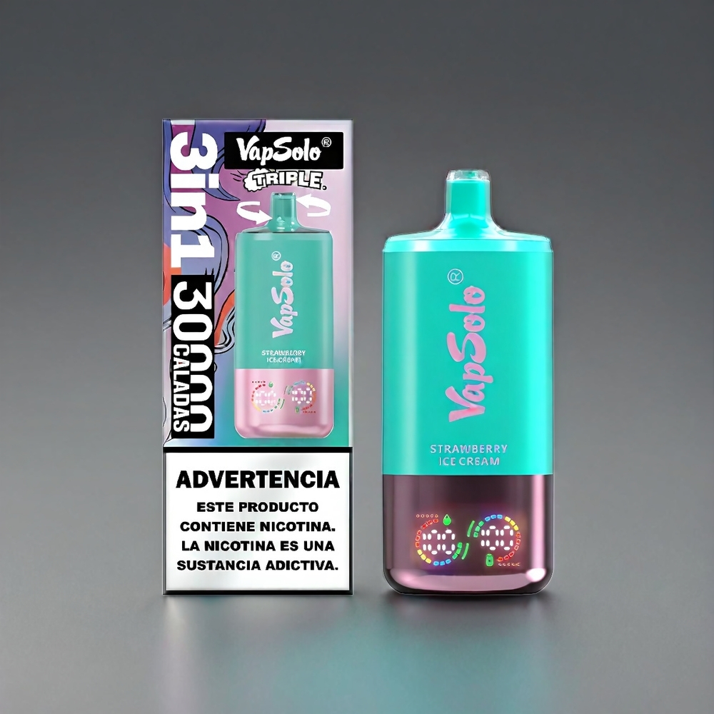 VapSolo Tripe 30000 Puffs Norge Engros – Jordbær Iskrem – 40ml E-Liquid – Type-C Lading