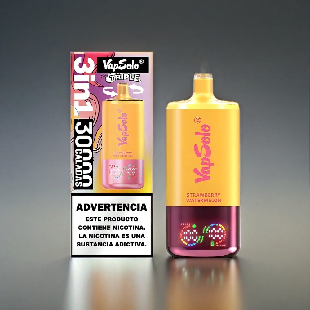 VapSolo Tripe 30000 Puffs Norge Engros – Jordbær & Vannmelon & Sitron & Fersken – 40ml E-Liquid – Type-C – 3 Oljetanker
