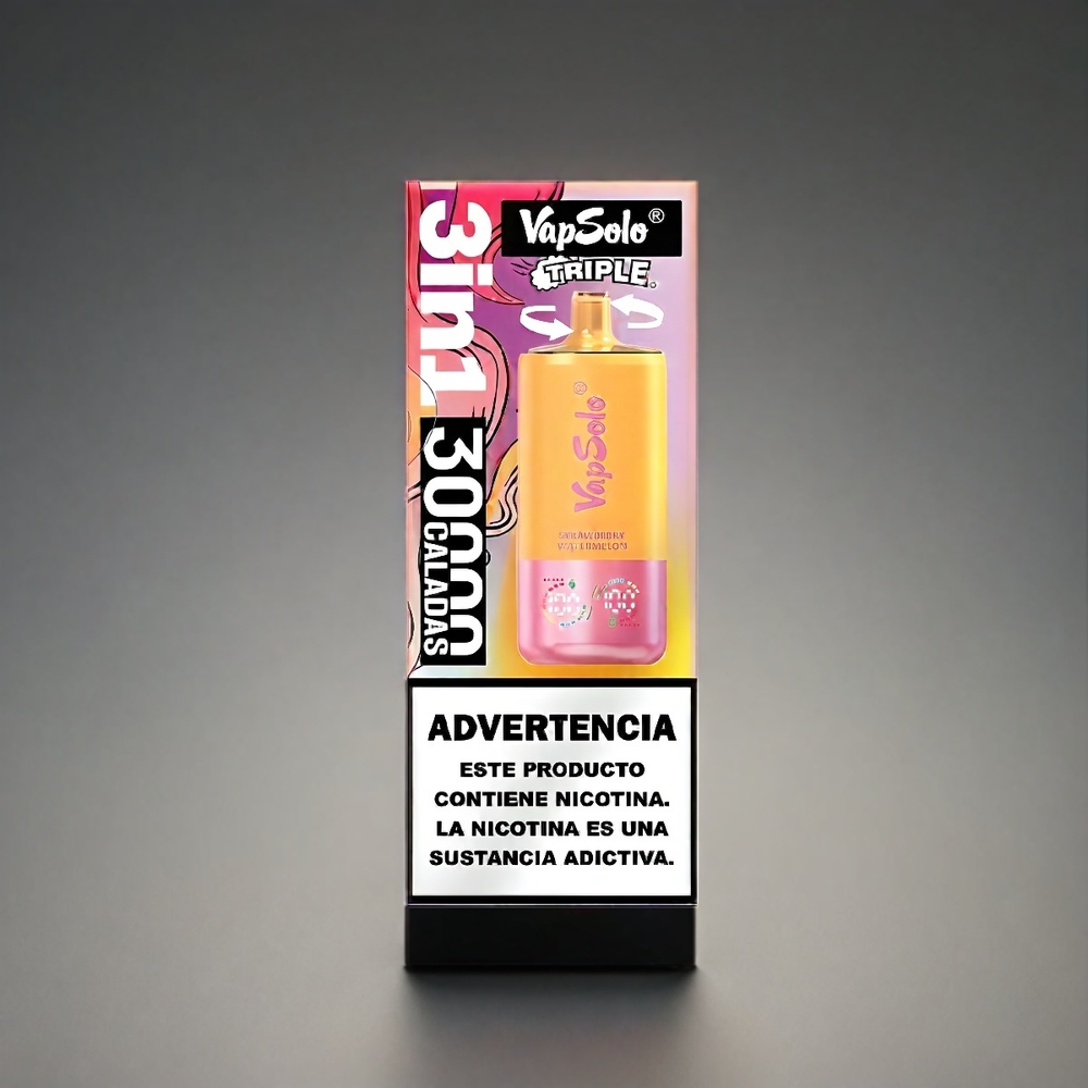 VapSolo Tripe 30000 Puffs Norge Engros – Jordbær & Vannmelon & Sitron & Fersken – 40ml E-Liquid – Type-C – 3 Oljetanker