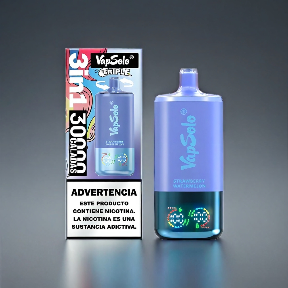 VapSolo Tripe Norge Engros 30000 Puffs Vape Jordbær, Vannmelon & Blåbær Is – 40ml, Type-C, 3 Tanker