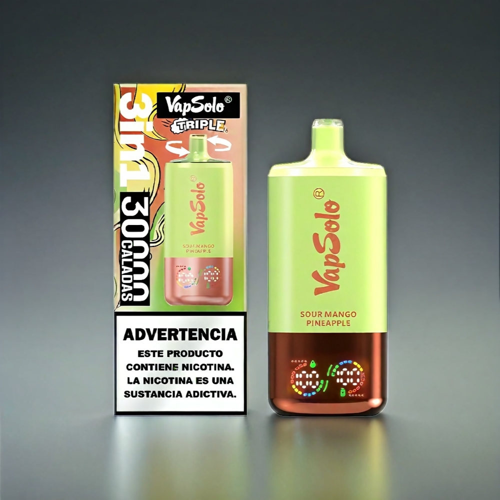 VapSolo Tripe Norge Engros 30000 Puffs Vape Sur Mango Ananas – 40ml E-Liquid – 20/50 mg/ml Nikotin – Type-C Lading