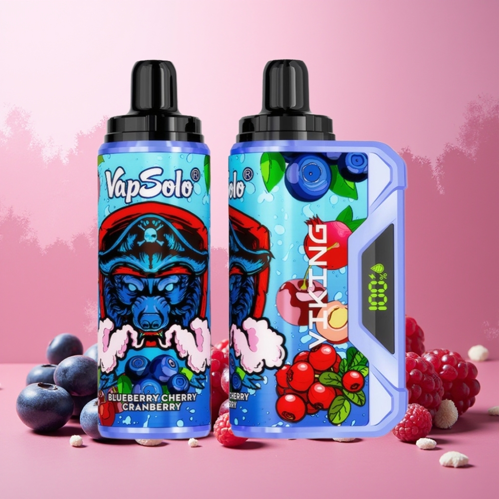 VapSolo VIKING 12000 Puffs Norge Engros – Blåbær/Kirsebær/Tranebær – 22ml E-Liquid, Type-C Lading, LED Skjerm