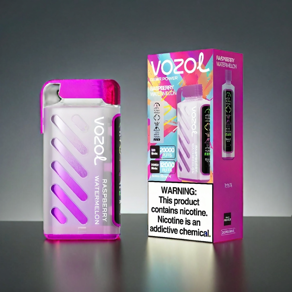 VOZOL Gear Power 20000 Puffs Norge Engros med Bringebær Vannmelon – S.i.L.C. Tech, Dual Mesh Coil, Full Screen Display, 20mL, 5%(50mg)
