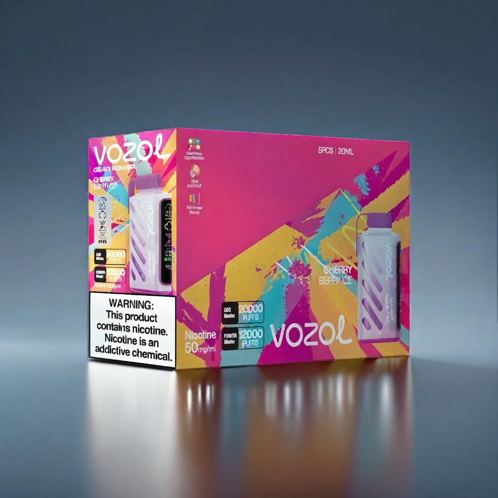 VOZOL Gear Power Norge Engros 20000 Puffs Dual Mesh Coil Full Screen Display Kirsebær & Bær Is 20mL 5%(50mg)