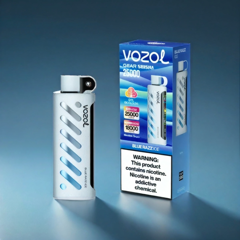 VOZOL Gear Shisha 25000 Puffs Norge Engros - Blå Bringebær Is, 30 Smaker, S.i.L.C Tech, Dual Mesh, 1000mAh, 3mg/5mg Nikotin